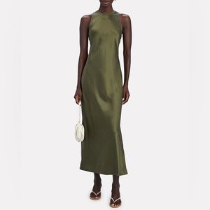 Frame Racerback Silk Maxi Dress. Olive green. Size L.